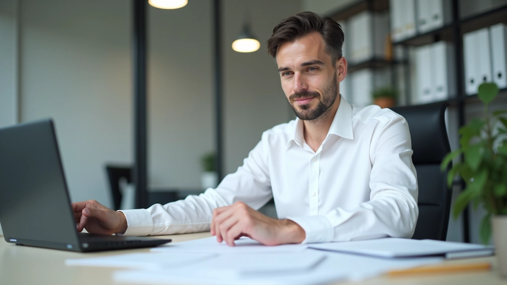 Contabil la birou analizând documente și rapoarte financiare