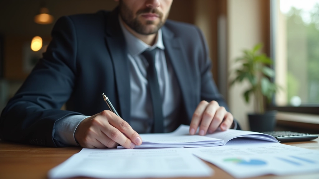 Consultant contabil care verifică bilanț și documente anuale cu client într-un birou organizat