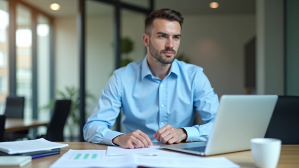 Birou cu laptop deschis și documente financiare, calcule pe hârtie și stilou