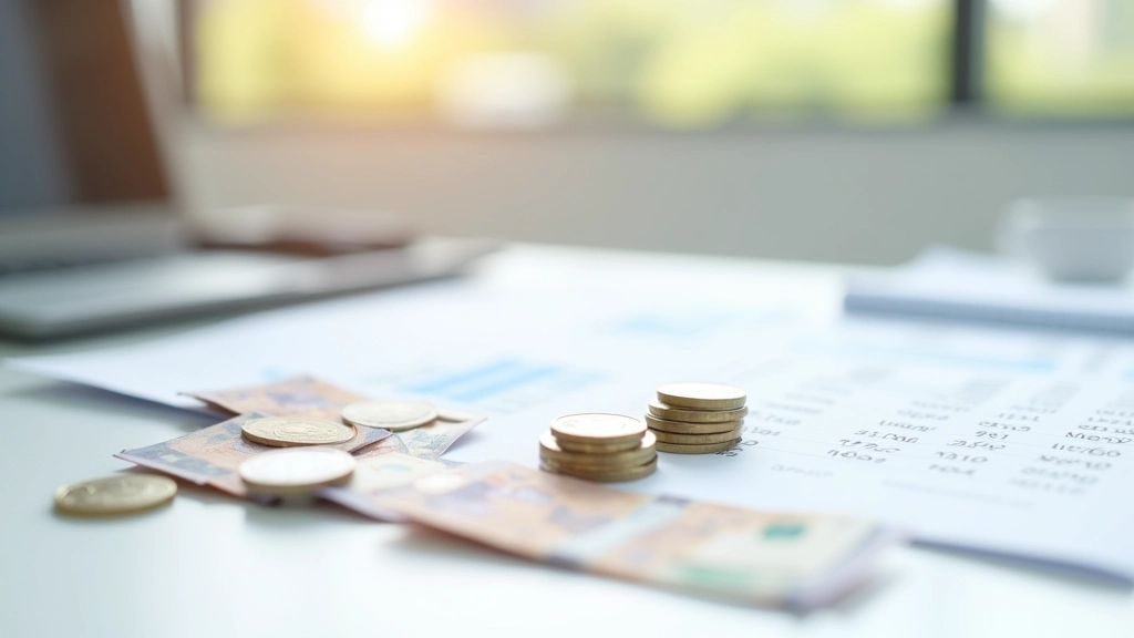 Birou cu monede și bancnote organizate, jurnal de vânzări deschis, calculator pe masă