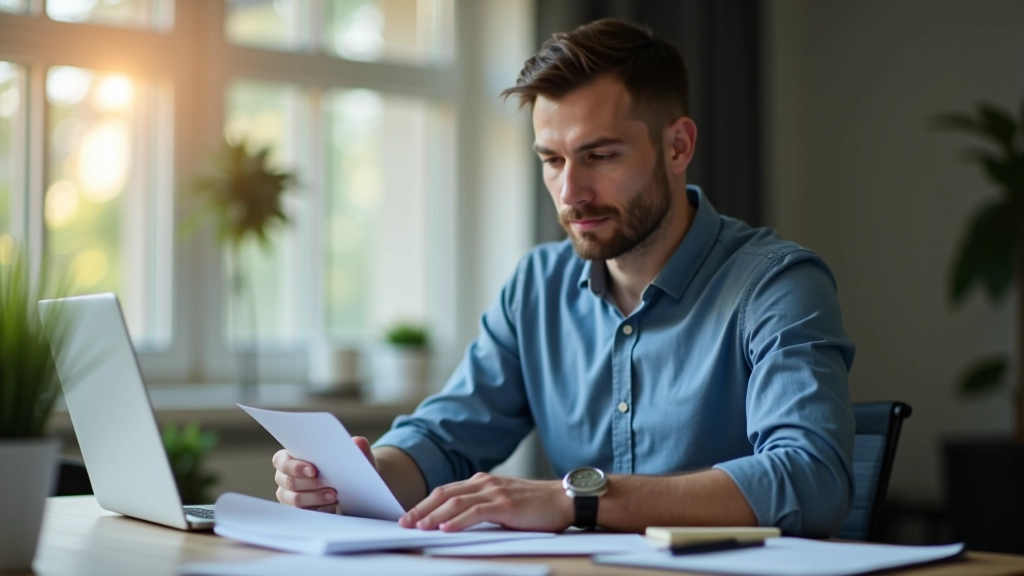 Antreprenor român analizând documente fiscale și calendar la birou, cu laptop și notițe