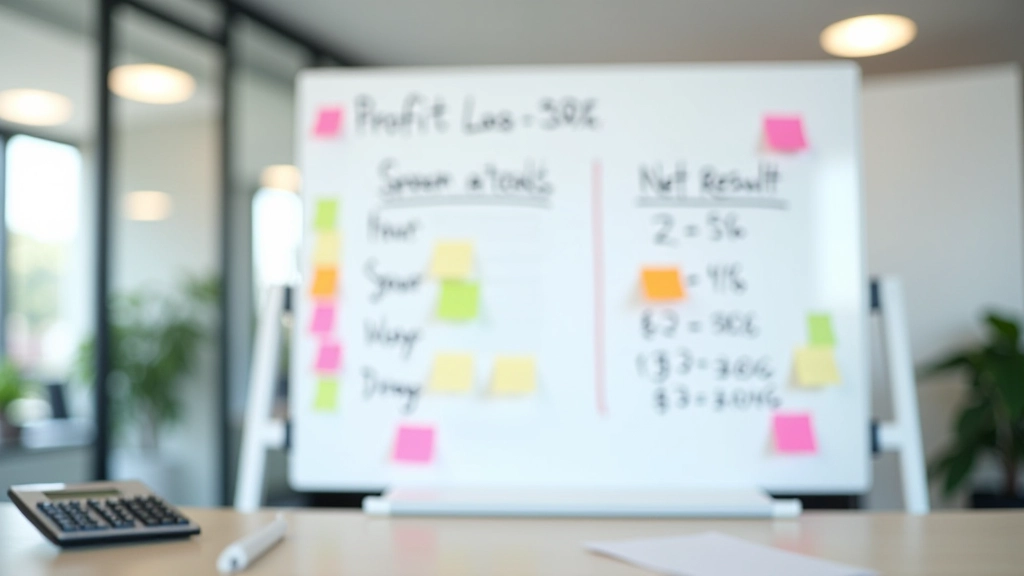 Tablă cu calcule financiare și diagramă profit pierdere, calculator și notițe colorate