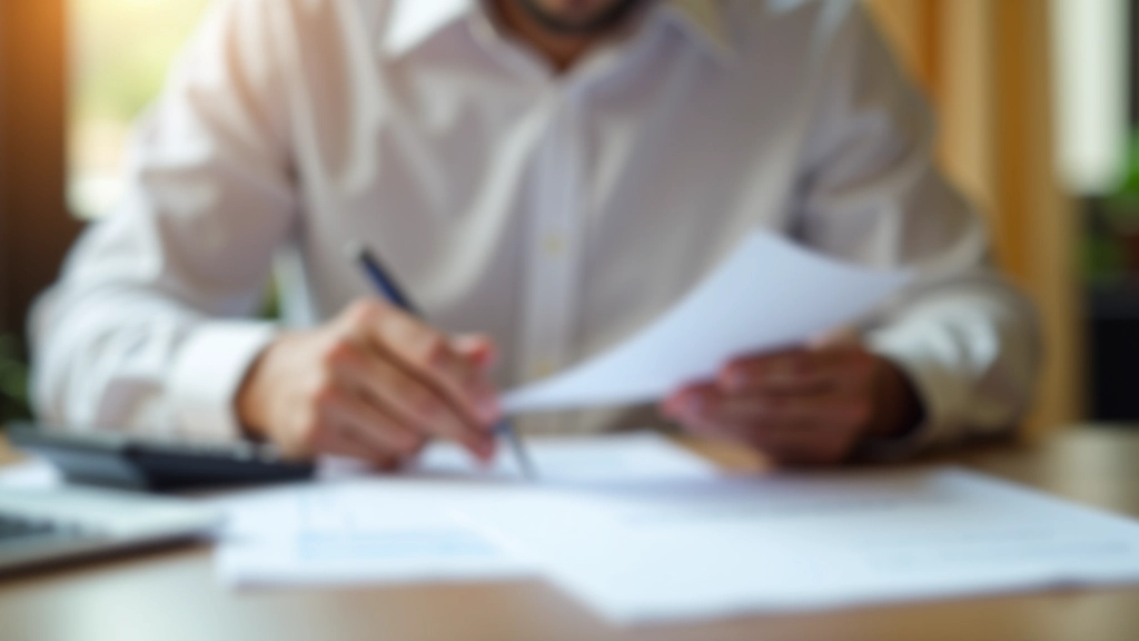 Persoană studiind un raport financiar pe hârtie cu calculator și notițe, birou curat