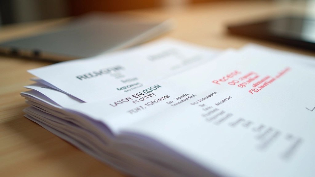 Chitanțe și facturi în mănunchiu, marker roșu evidențiind cheltuieli, birou raportor